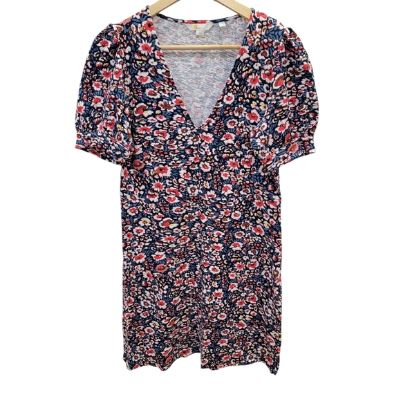 Boden V-neck Floral Mini Dress Cotton Short Puff Sleeves  Blue Red Women’s 8L - Picture 3 of 17